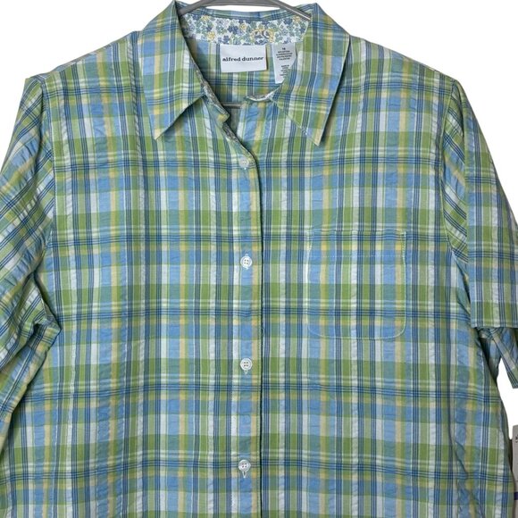 Alfred Dunner Seersucker Top Plaid Button Front Shirt Women 18 NWT Shoulder Pads - Picture 4 of 11